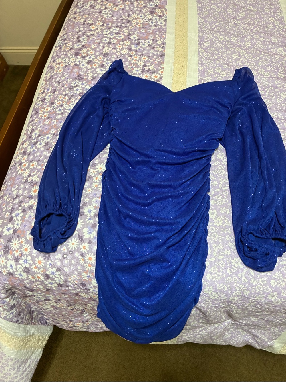 B. Smart Sparkle Royal Blue Ruched Long-Sleeve young woman Dress